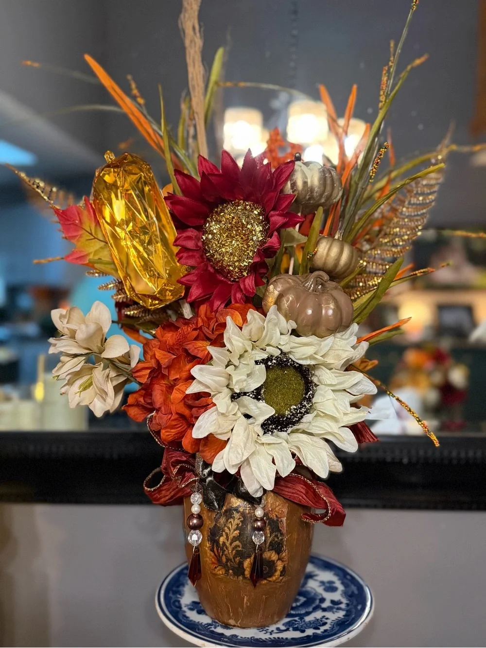 Autumn Harvest Faux Floral Arrangement in Red, Orange, White